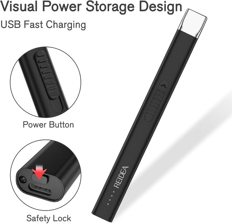 REIDEA ولاعة كهربائية 2 حزمة، مقاومة للرياح بدون لهب قابلة لإعادة الشحن عبر USB مع زر أمان ومؤشر طاقة للشمع والشواء والألعاب النارية، أسود أوبسيديان - Image 3